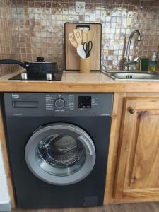 uma máquina de lavar roupa numa cozinha com um lavatório em Kaz joli bois studio belle vue em Saint-Denis