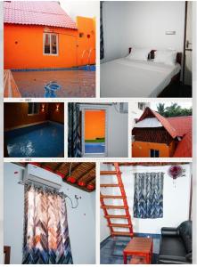 un collage de photos avec une maison et une piscine dans l'établissement Serenity Bay Home Stay, à Pondichéry