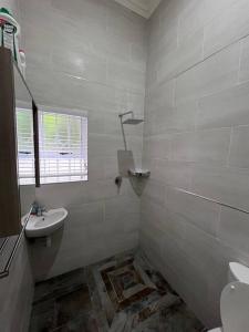 Baño blanco con lavabo y aseo en Beverley Grove Guest House en Gqeberha