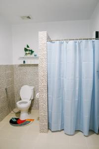 La salle de bains est pourvue de toilettes et d'un rideau de douche bleu. dans l'établissement Near Airport Transient Inn 2-Bedroom Space -Richkizz 1, à Puerto Princesa