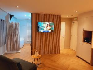 a living room with a television on a wall at Dionbulles & Dionlodge Guesthouse and not included private wellness in Chaumont-Gistoux