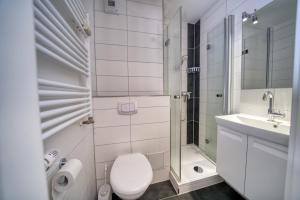 ein Bad mit einem WC, einem Waschbecken und einer Dusche in der Unterkunft Ferienpark - Haus B, App 0B0408 in Heiligenhafen