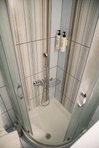 a shower with a glass door in a bathroom at Ioannina Amazing Deluxe Apartment in Pedini