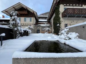 a house with a pond in the snow at Villa Unterswand in Grünau im Almtal