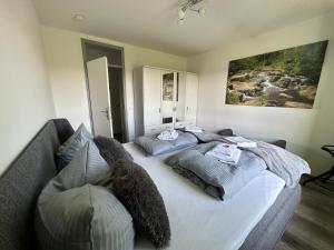 um quarto com 2 camas e um sofá em Harzer Traum - renoviert, inklusive Wäsche und WLAN em Braunlage