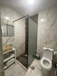 a bathroom with a shower with a toilet and a sink at Hotel sofra in Ferizaj