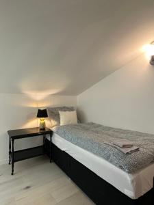 - une chambre avec un lit et une table avec une lampe dans l'établissement Modernes Ferienhaus, à Wolfhagen