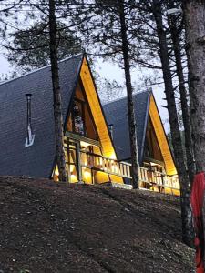 uma cabana na floresta com um telhado preto em Vilat Alpine Golden Gjinar em Elbasani