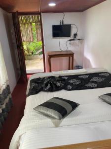 a bedroom with a bed with a television on the wall at happy trust happy inn in Nuwara Eliya