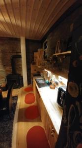 uma cozinha com um fogão e uma bancada em EskiZ - Our stone home em Chepelare