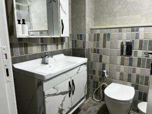 a bathroom with a sink and a toilet at Downtown Inn Madaba in Madaba