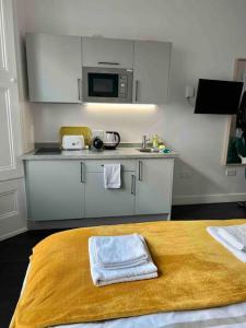 a kitchen with a bed and a sink and a microwave at Small studio in Notting Hill in London