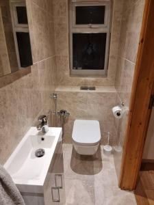 uma casa de banho com um WC, um lavatório e uma janela em Fab Studio Room in Botley Oxford em Oxford