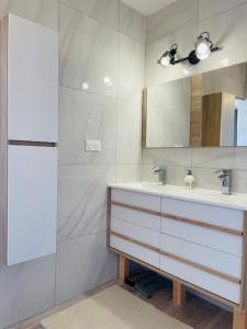 a bathroom with a sink and a mirror at Agréable maison de village avec balcon in Roiffieux