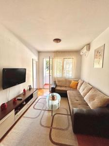 a living room with a couch and a tv at Cozy, charming one bedroom apt in Podgorica