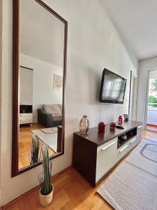 a living room with a large mirror and a television at Cozy, charming one bedroom apt in Podgorica +2 photos