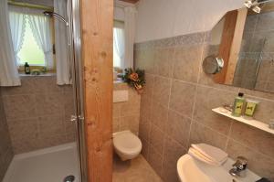 a bathroom with a toilet and a sink and a shower at Ferienwohnung Reintal in Grainau