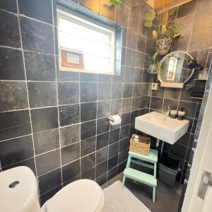 La salle de bains est pourvue de toilettes et d'un lavabo. dans l'établissement Kust 1, à Egmond aan Zee