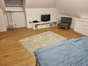 a living room with a bed and a tv and a chair at Gemütliche Wohnung am Waldrand in Thierhaupten