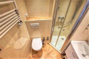 La petite salle de bains est pourvue d'une douche et de toilettes. dans l'établissement Ferienpark - Haus G, App 0G1108, à Heiligenhafen
