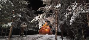 a cabin in the woods with snow on the trees at Chalet with outdoor jacuzzi near Sarajevo in Pale +6 photos