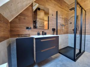 a bathroom with a sink and a shower at LITTLE KOIS VILLAGE in Dzianisz