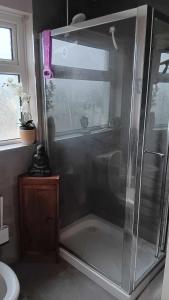 a shower with a glass door in a bathroom at Sunny Room near town centre in Warrenpoint
