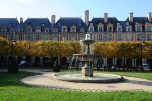 パリにあるLovely studio Le Maraisの大きな建物前の公園内の噴水