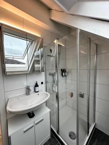 a bathroom with a sink and a shower at Zentrale Wohnung mit Dachterasse in Bregenz