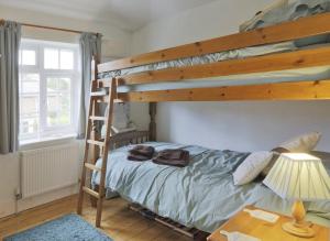 a bedroom with a bunk bed with a ladder at Little Blue Cottage in Southwold