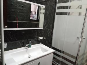 a bathroom with a sink and a shower and a mirror at Villa Dar Nejib - Duplex de luxe 2S+4 à cité El Wafa in Nabeul