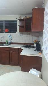 een keuken met houten kasten en een fornuis met oven bij ANA & DORA’S RESIDENCE in Oranjestad