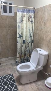een badkamer met een toilet en een douchegordijn bij ANA & DORA’S RESIDENCE in Oranjestad