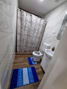 La salle de bains est pourvue de toilettes et d'une douche avec des tapis bleus. dans l'établissement Apartman Sparta, à Sombor
