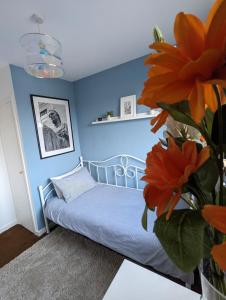 a room with a bed with a blue wall at Single room with Castle view in leafy Edinburgh South in Edinburgh