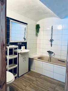 een badkamer met een wastafel en een bad bij Chalupa Lenora in Lenora