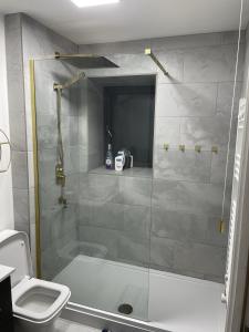 a bathroom with a shower and a toilet at Charming 2-Bed Apartment in Bow London in London