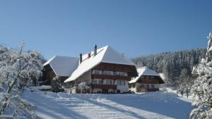 a lodge in the snow with snow covered trees at Prinzbachhof in Mühlenbach
