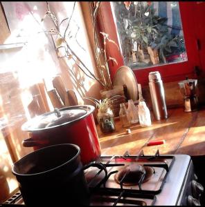 a stove top with a pot on top of it at Deja vu in Barra de Valizas