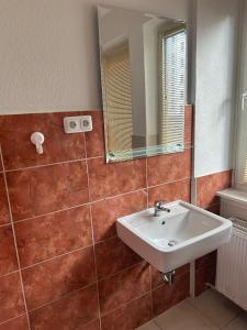 y baño con lavabo y espejo. en SkyApartment#101, en Frankfurt