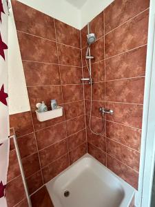 a bathroom with a shower with a tub at SkyApartment#101 in Frankfurt/Main