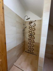 een badkamer met een douche en een glazen deur bij Taverna Apartman in Monor