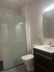 a bathroom with a shower and a toilet and a sink at Piso y parking Zapillo playa in Almería
