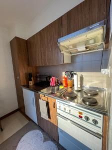 a small kitchen with a stove and a sink at Jolie appart cozy, Ski in Ski out in Veysonnaz