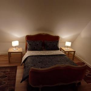 a bedroom with a large bed with two lamps on tables at Les vignobles d'Alsace in Wintzenheim