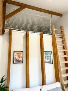 a room with a bunk bed and a ladder at Maison avec jardin proche Lac - Quartier calme in Carcans