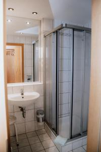 La salle de bains est pourvue d'une douche et d'un lavabo. dans l'établissement Gasthof Hummel Hotel, 
