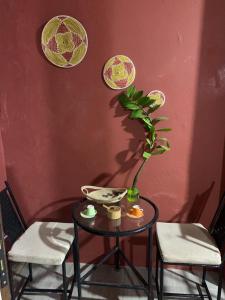 une table avec une plante à côté de deux chaises dans l'établissement Natoose Lodge, à Saint-Louis