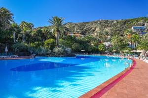 einen Pool mit Palmen und einem Berg im Hintergrund in der Unterkunft Hacienda San Jorge in Breña Baja