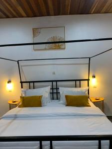 um quarto com uma grande cama branca e 2 almofadas em Natoose Lodge em Saint-Louis